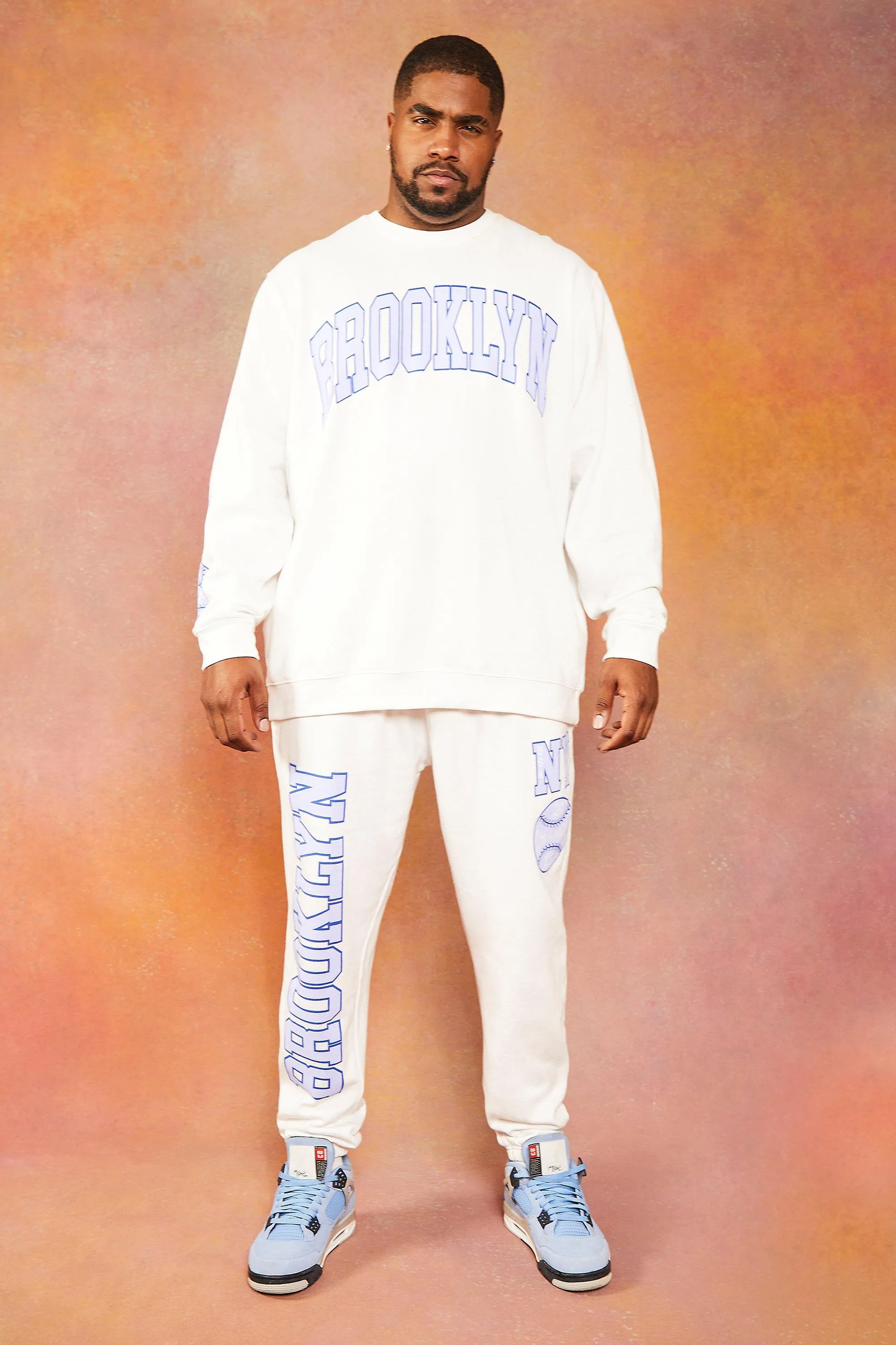 Plus Brooklyn Varsity Graphic Sweat Tracksuit | boohooMAN UK