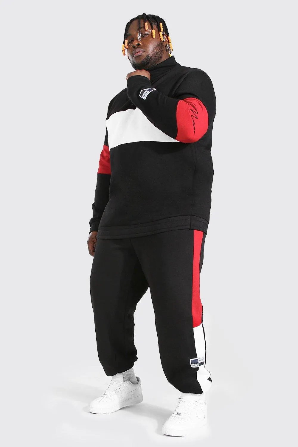 Plus Size MAN Colour Block Funnel Tracksuit | boohooMAN UK