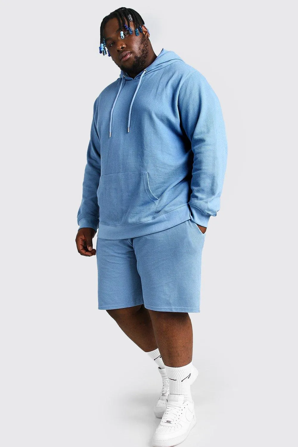 Plus Size Pique Hooded Short Tracksuit | boohooMAN UK