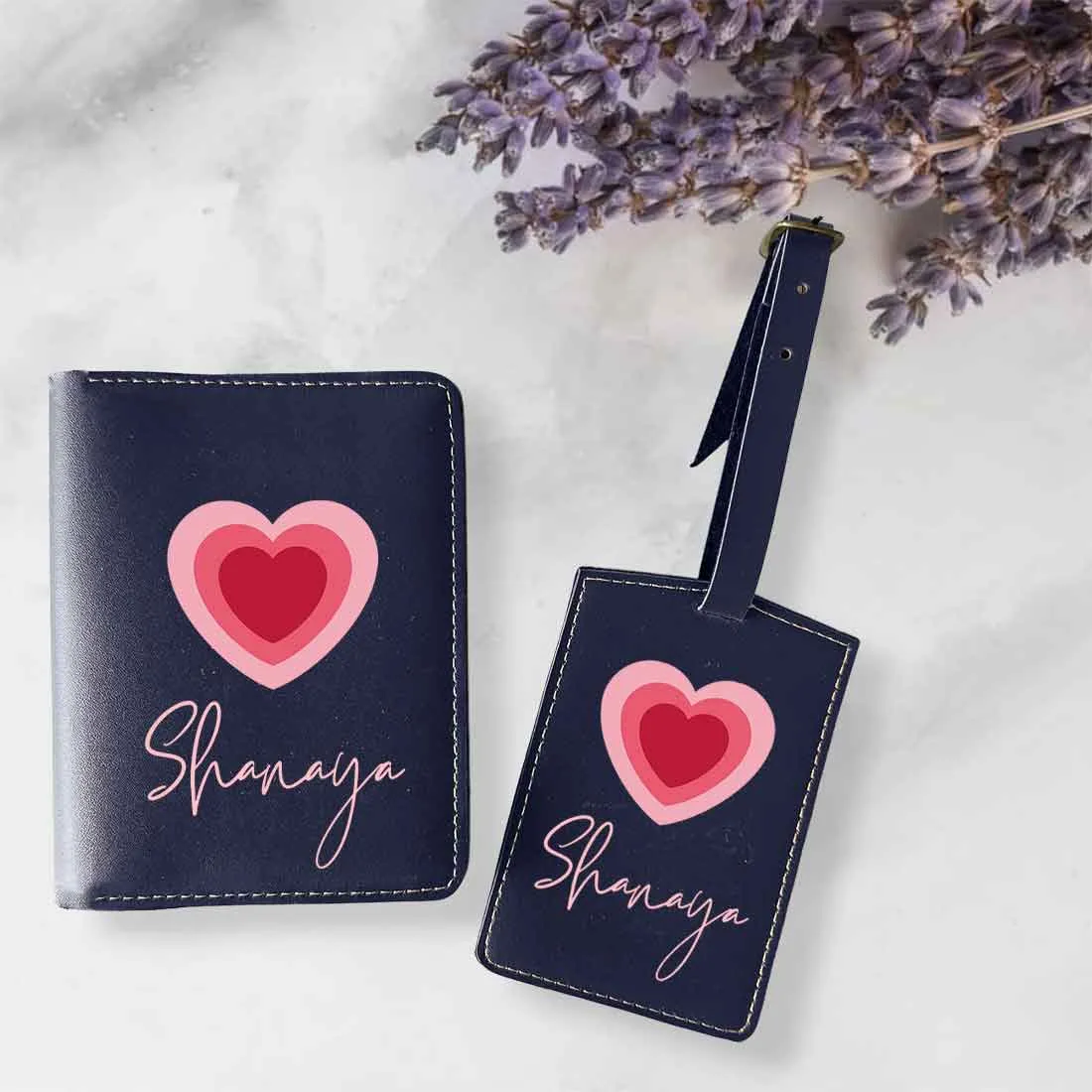 Pu Leather Personalized Passport Cover and Luggage Tag - Heart