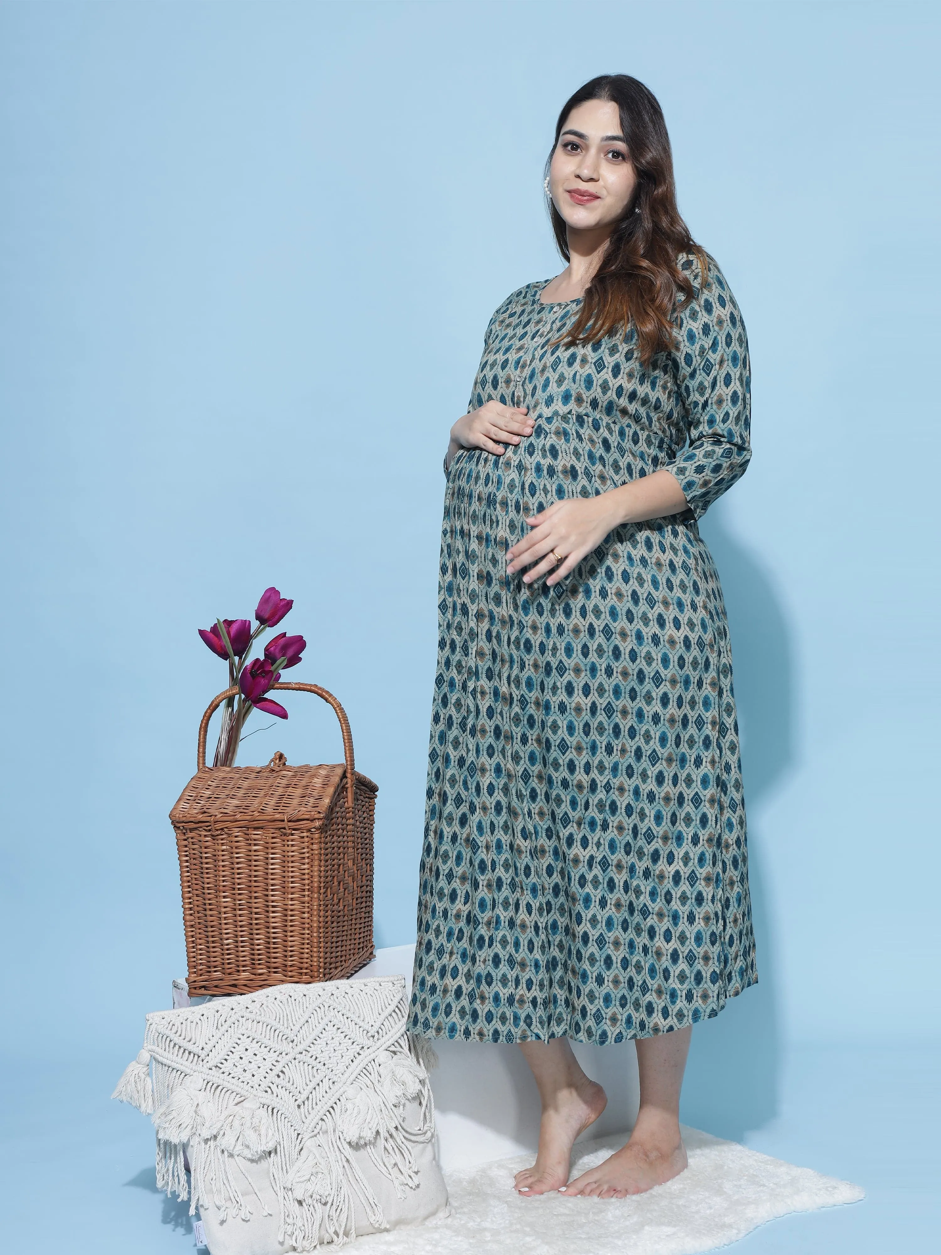 Rayon Maternity Feeding Dress Bottle Green