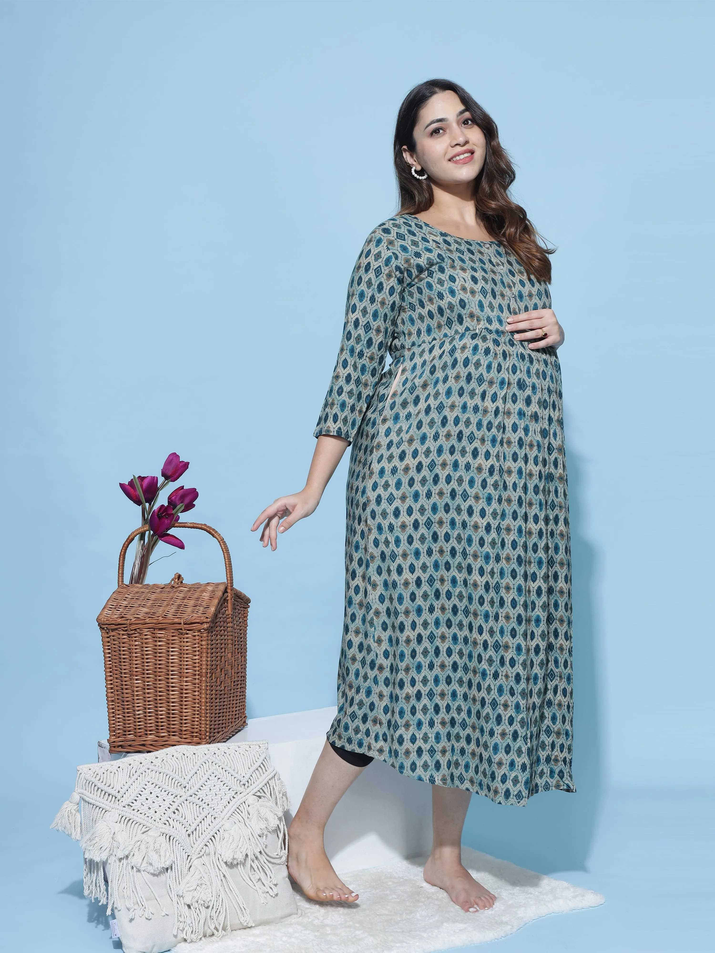 Rayon Maternity Feeding Dress Bottle Green