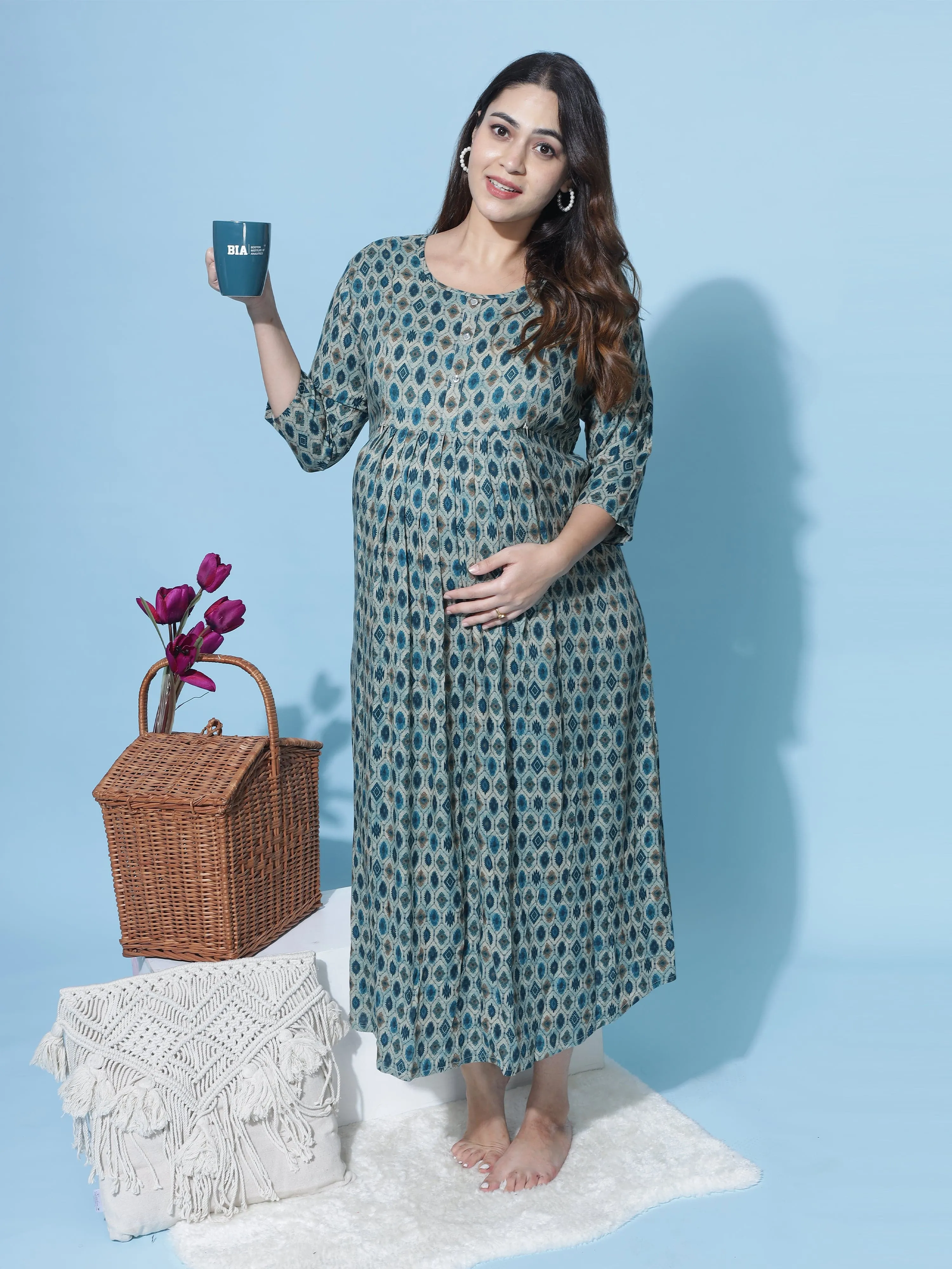 Rayon Maternity Feeding Dress Bottle Green