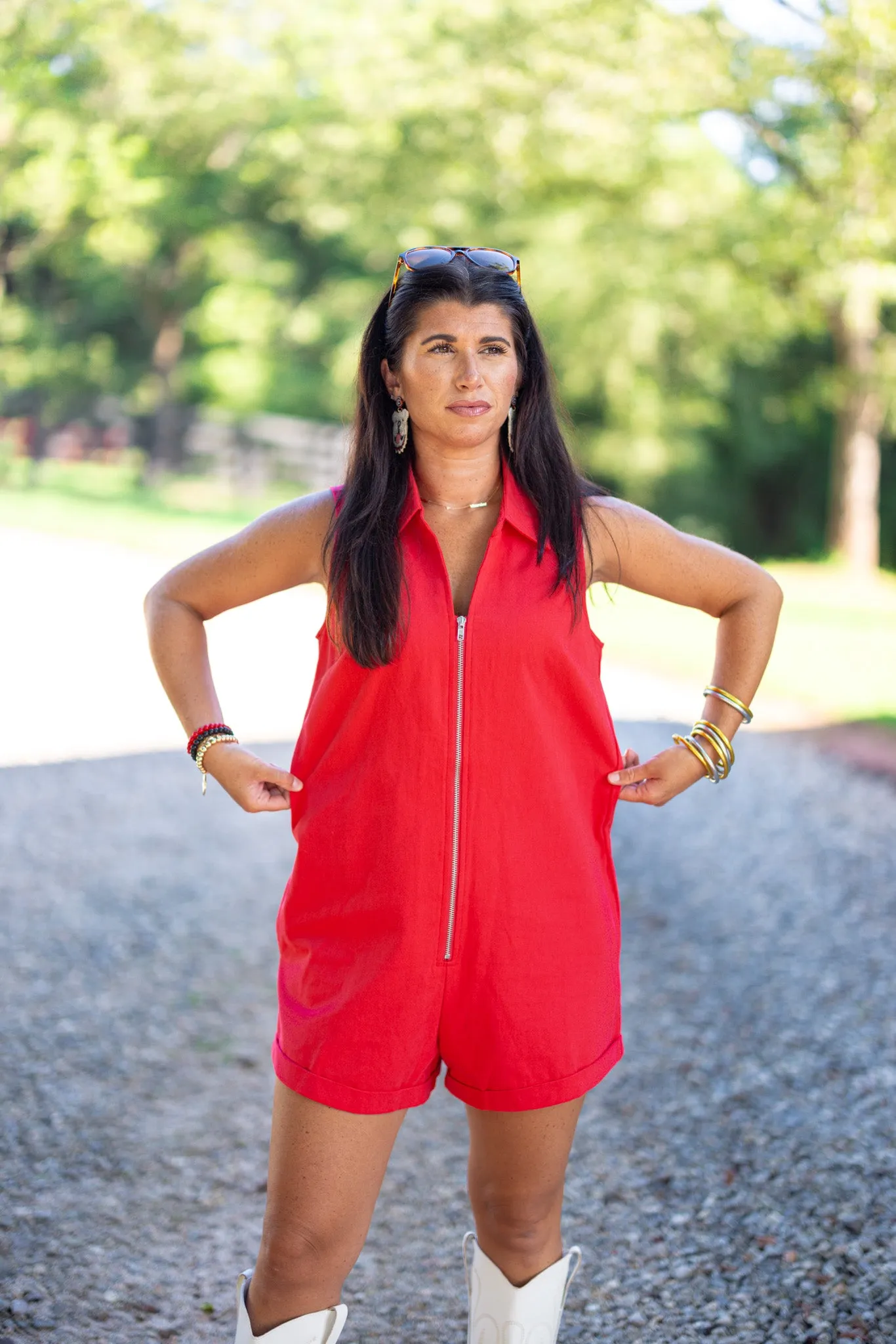 Red Twill Denim Romper