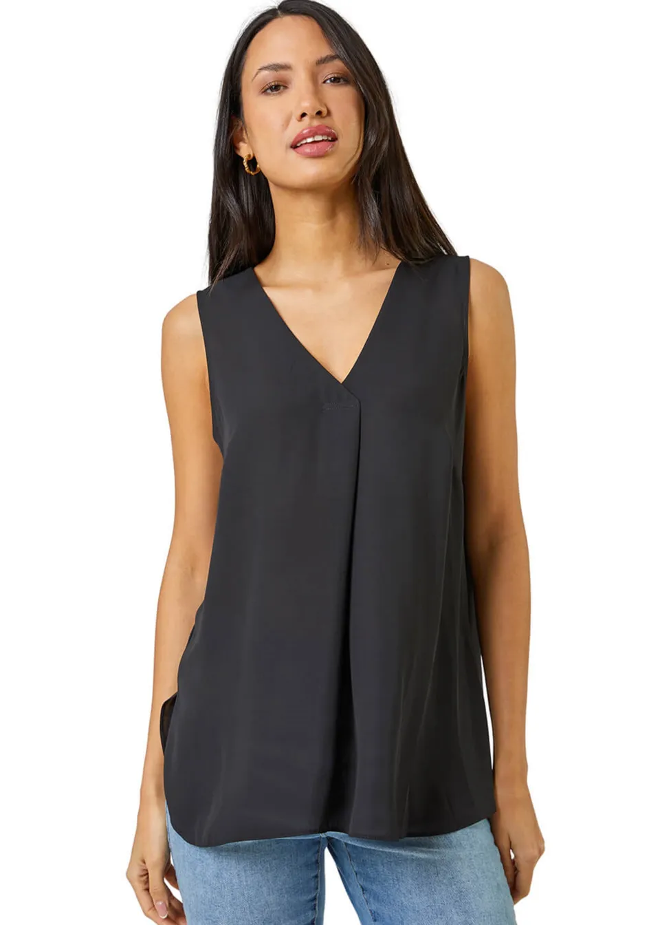 Roman Black V-Neck Pleat Tunic Tank Top