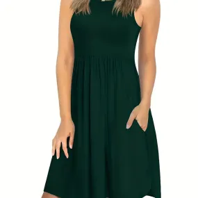 Round Neck Sleeveless Vest Pocket Dress