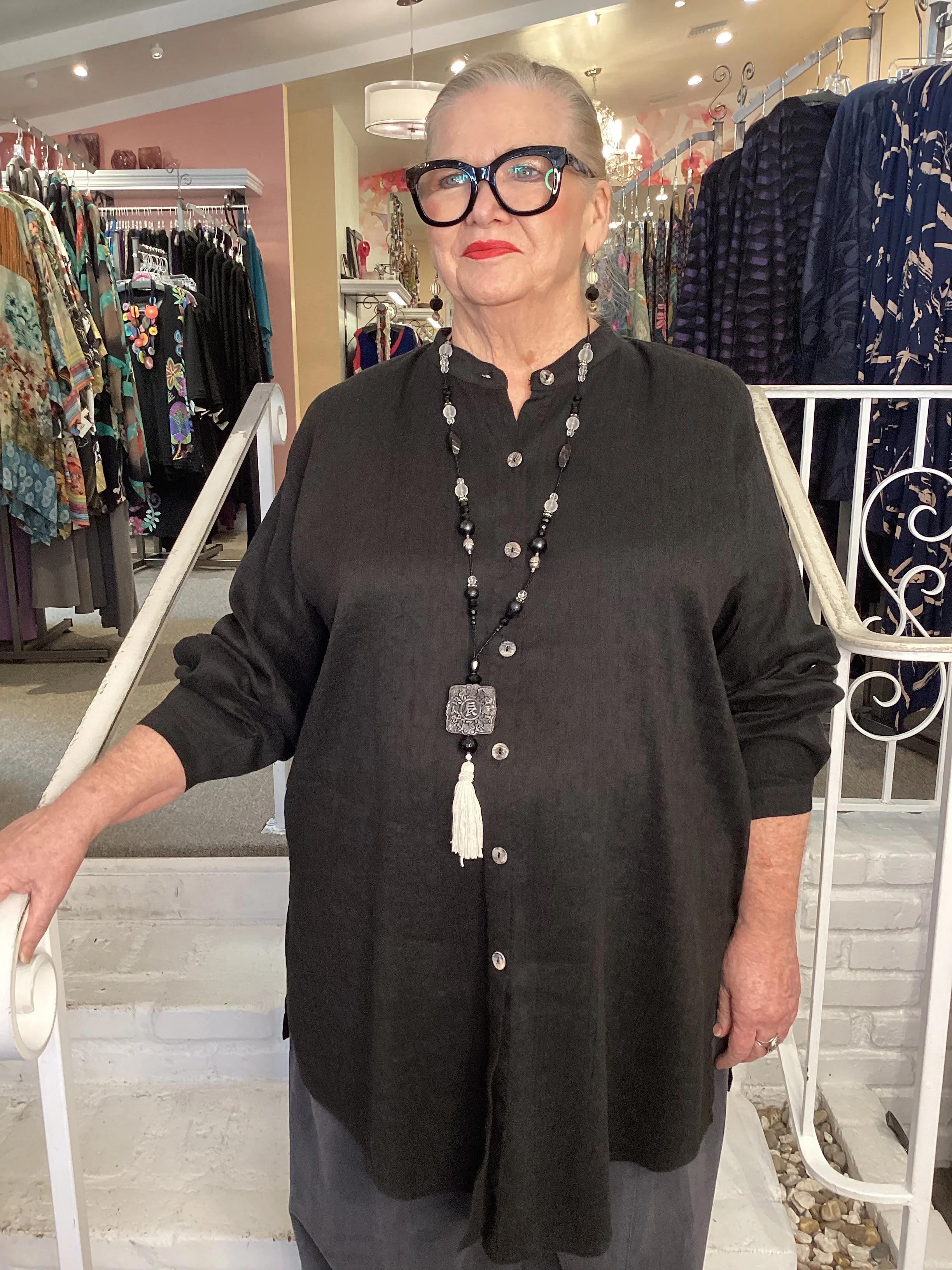 SILK/LINEN TUNIC SHIRT - BLACK