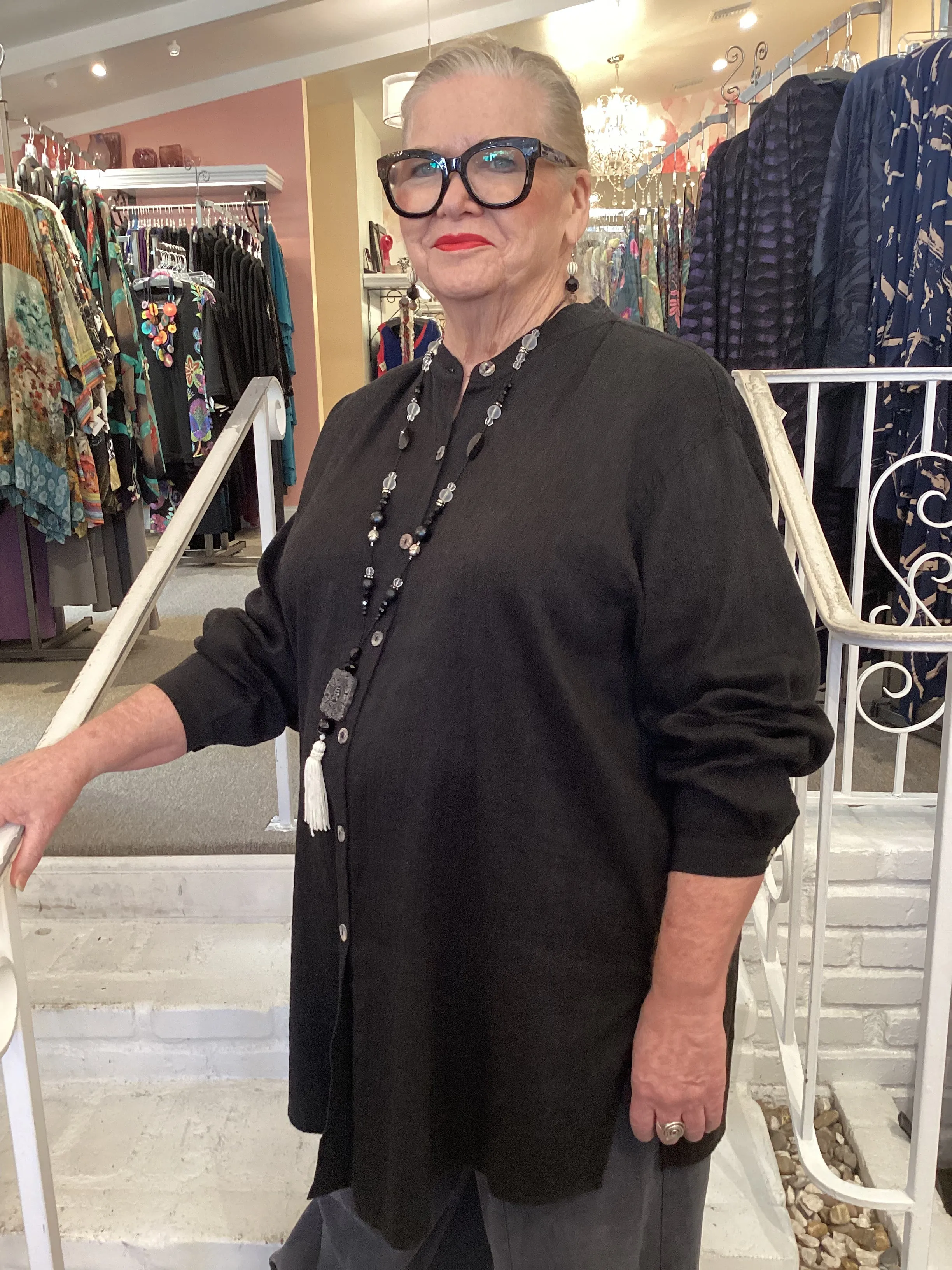 SILK/LINEN TUNIC SHIRT - BLACK