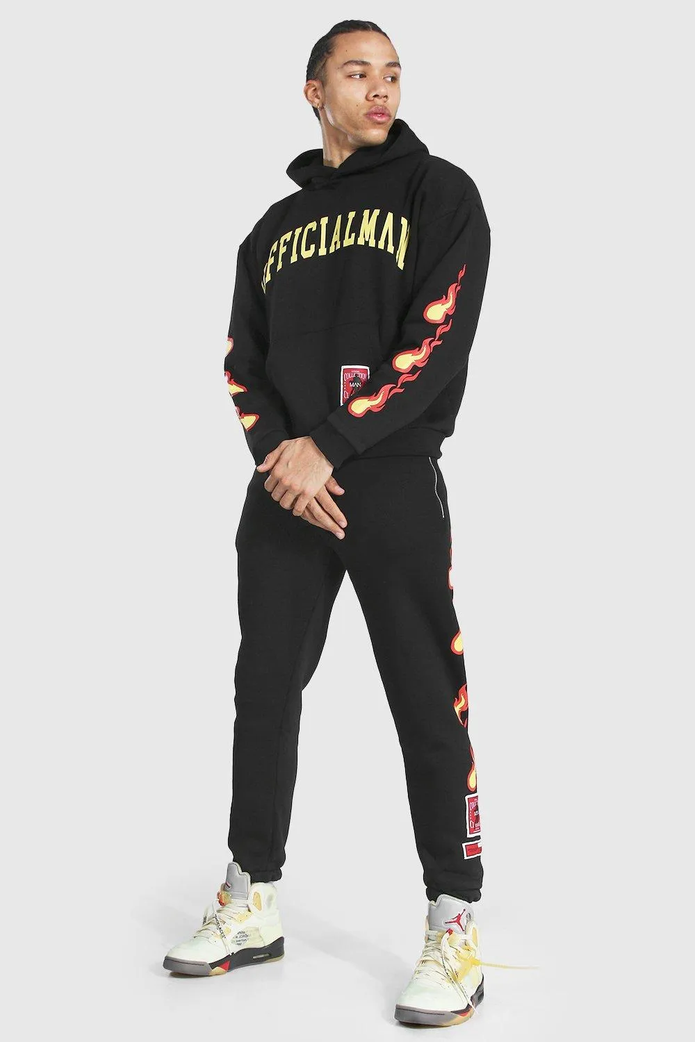 Tall Man Hooded Tracksuit With Fire Print | boohooMAN UK