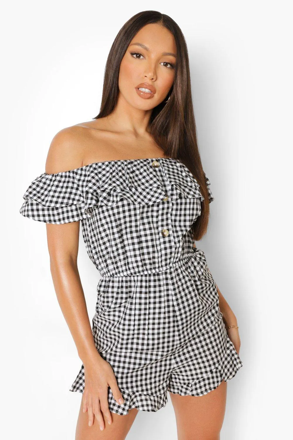 Tall Off The Shoulder Gingham Romper