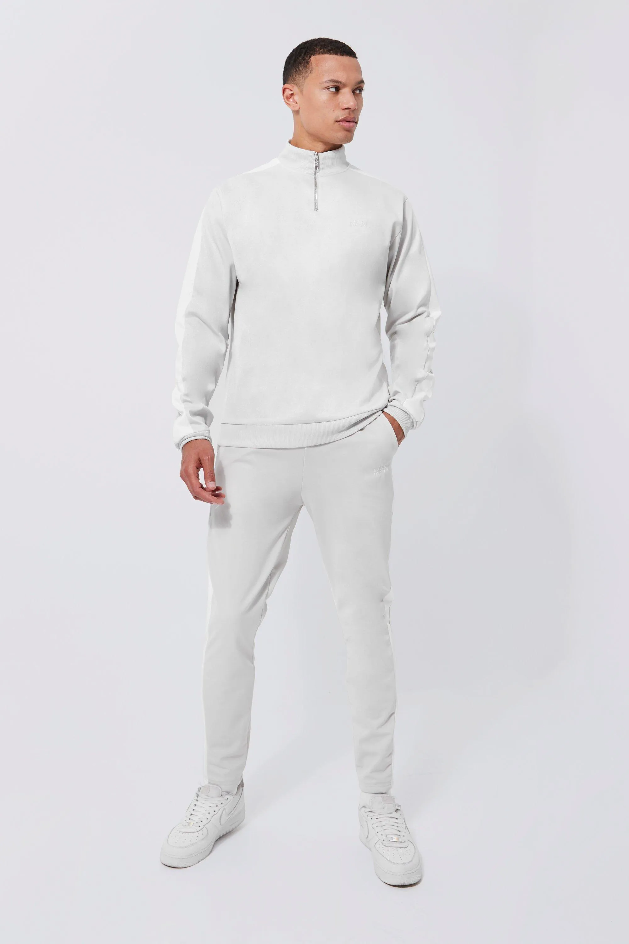 Tall Tricot Funnel Neck Side Panel Tracksuit | boohooMAN UK