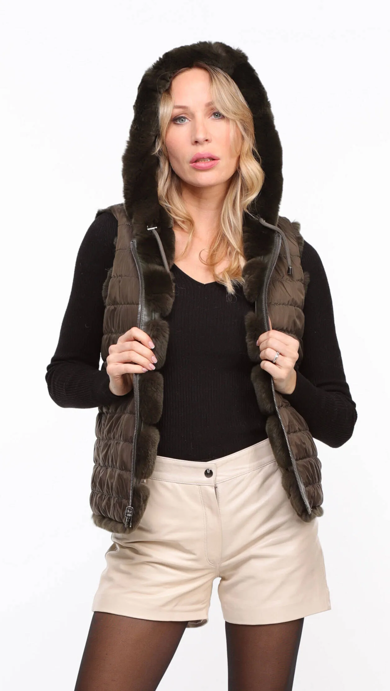 Women's khaki \rexe\ reversible hooded rabbit vest