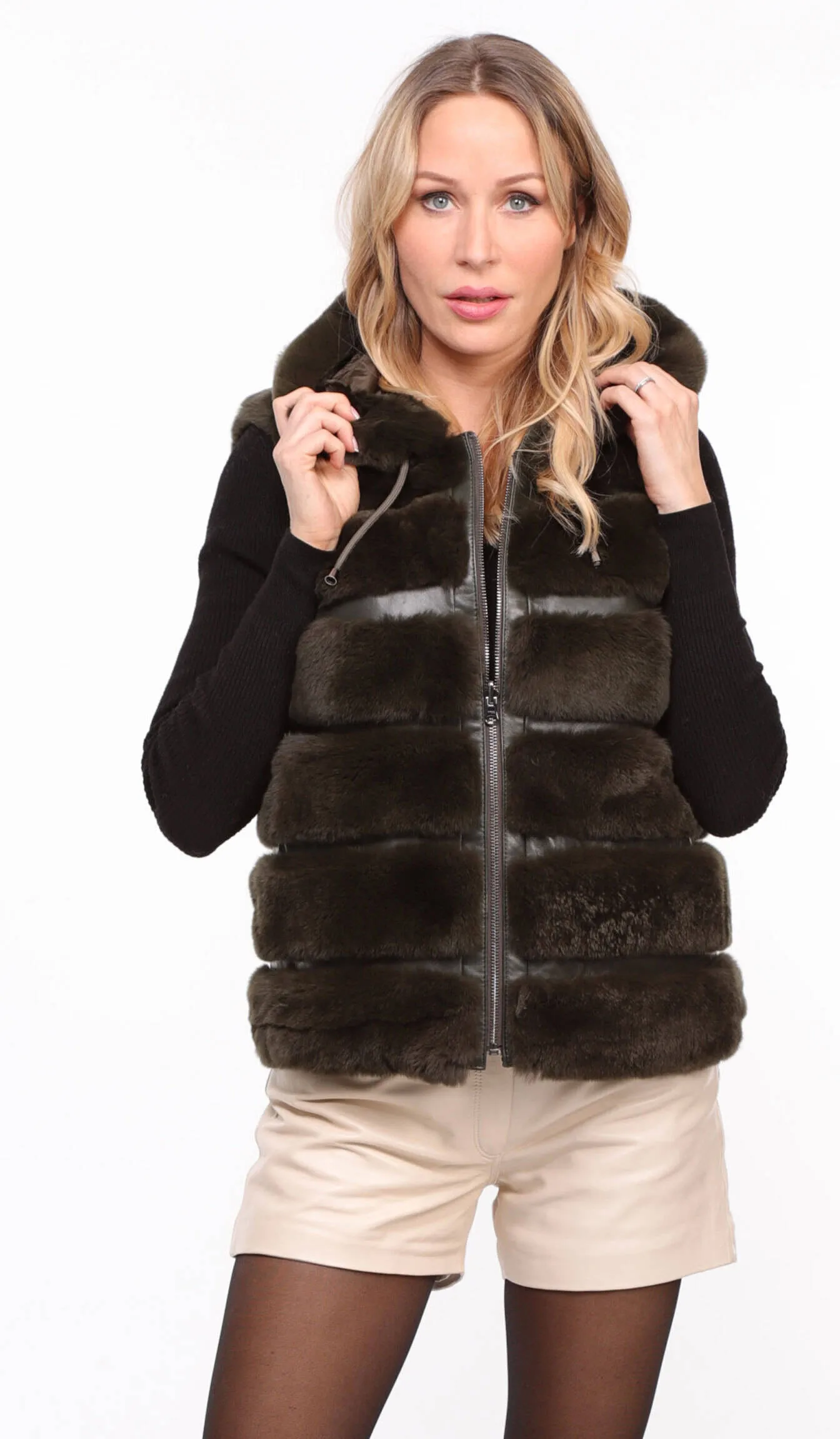 Women's khaki \rexe\ reversible hooded rabbit vest