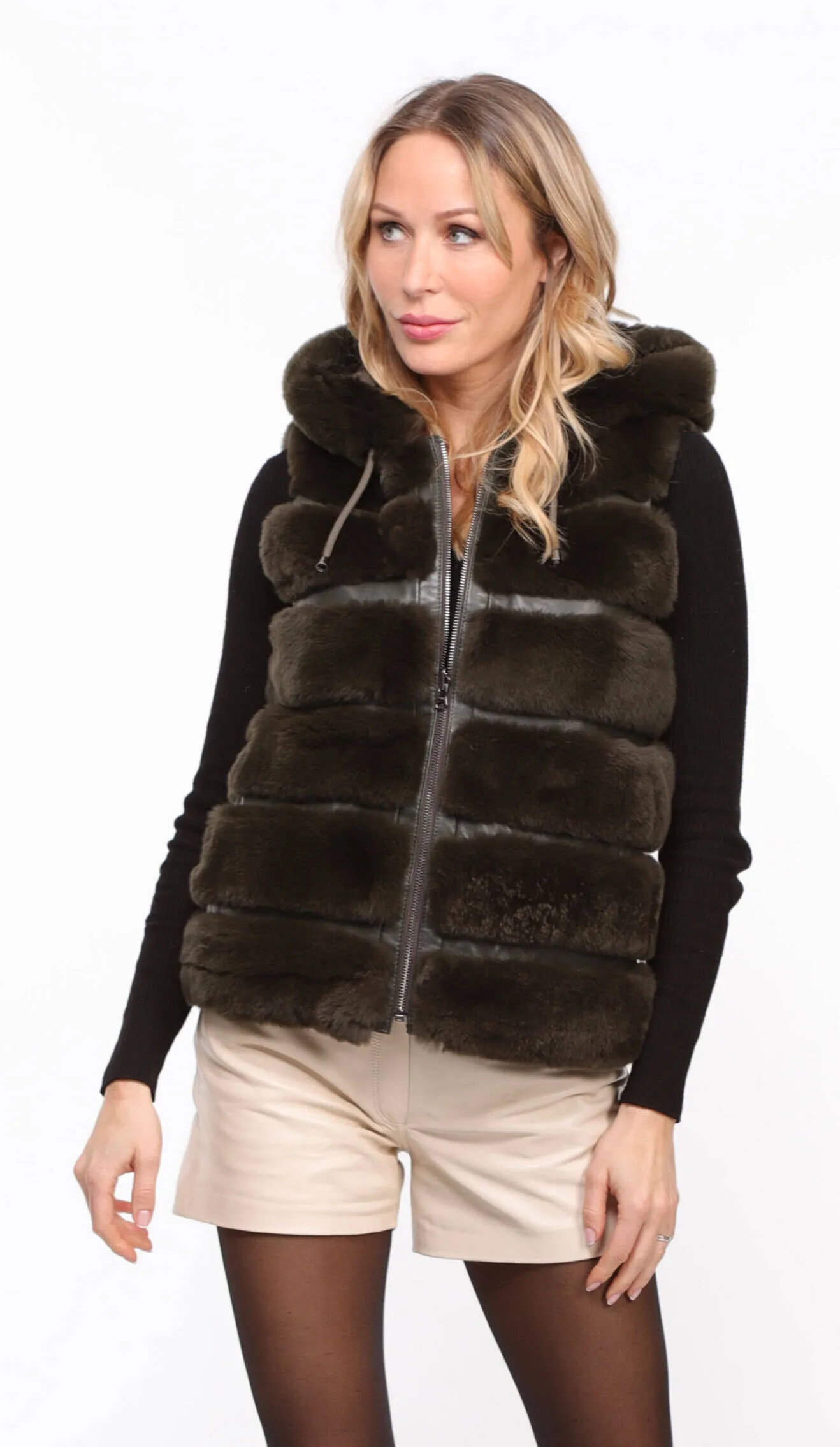 Women's khaki \rexe\ reversible hooded rabbit vest