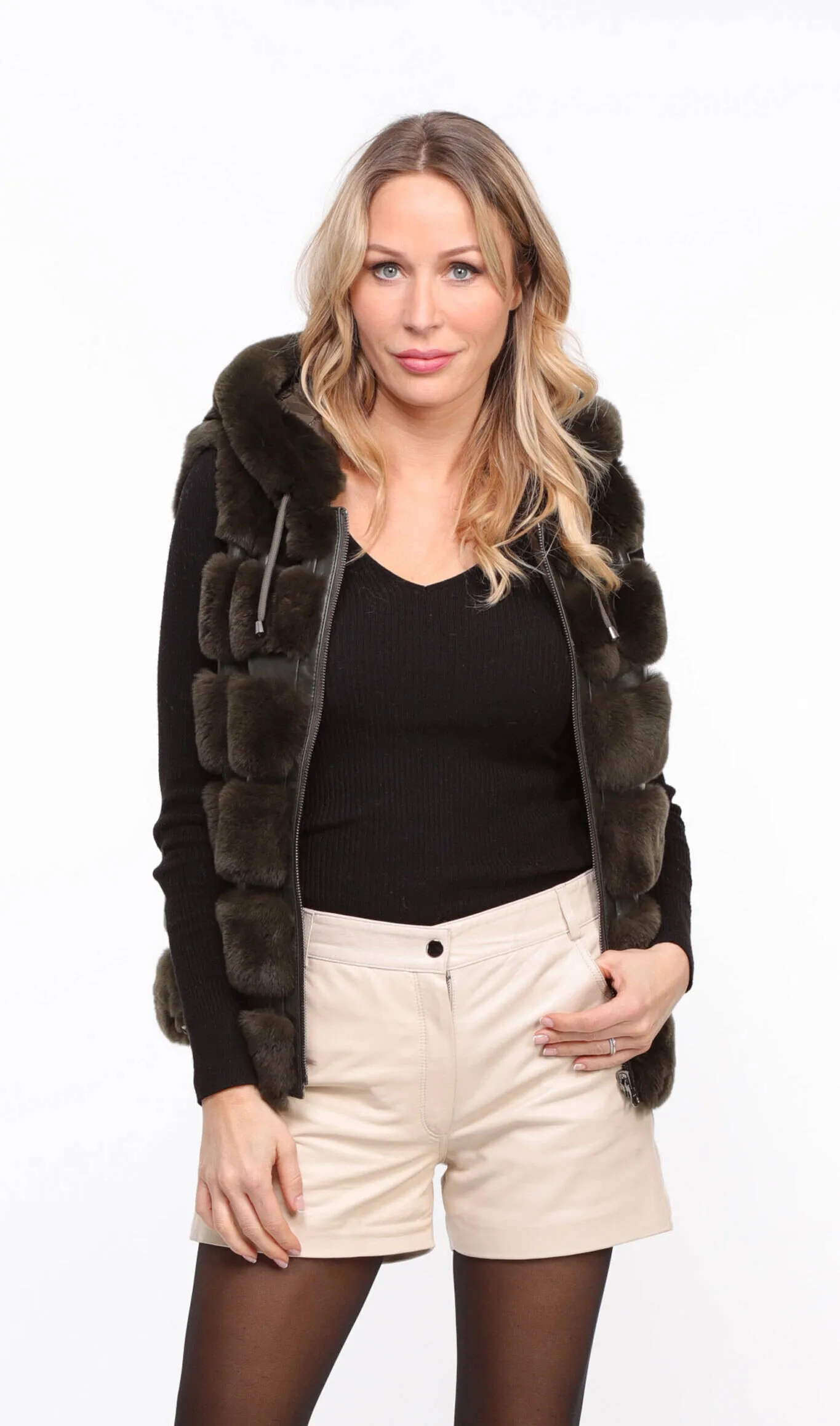 Women's khaki \rexe\ reversible hooded rabbit vest