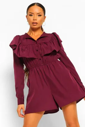 Woven Ruffle Front Long Sleeve Smock Romper