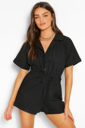 Woven Short Sleeve Drawstring Utility Romper