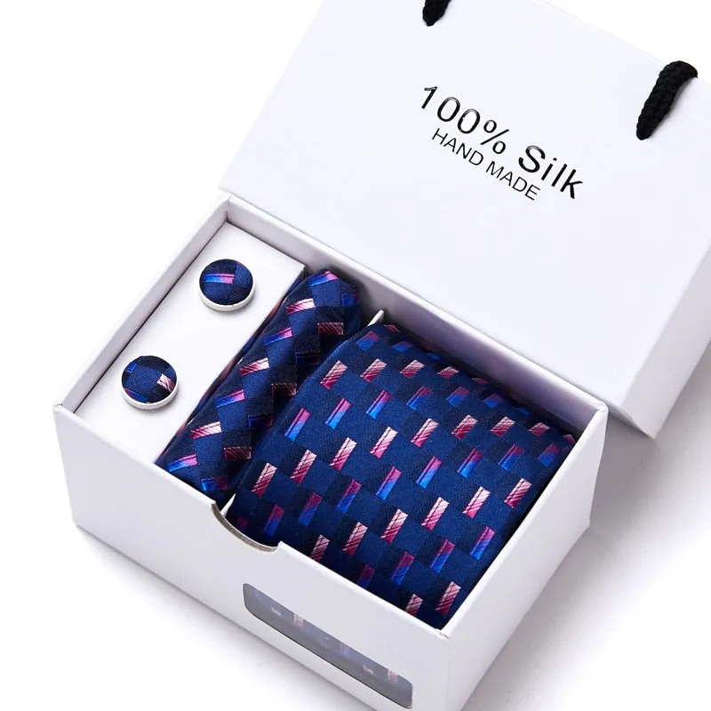 Xituodai Gift box Office  Men Classic Party Wedding striped 7.5cm Silk Wedding  Floral Tie Necktie Handkerchief Set