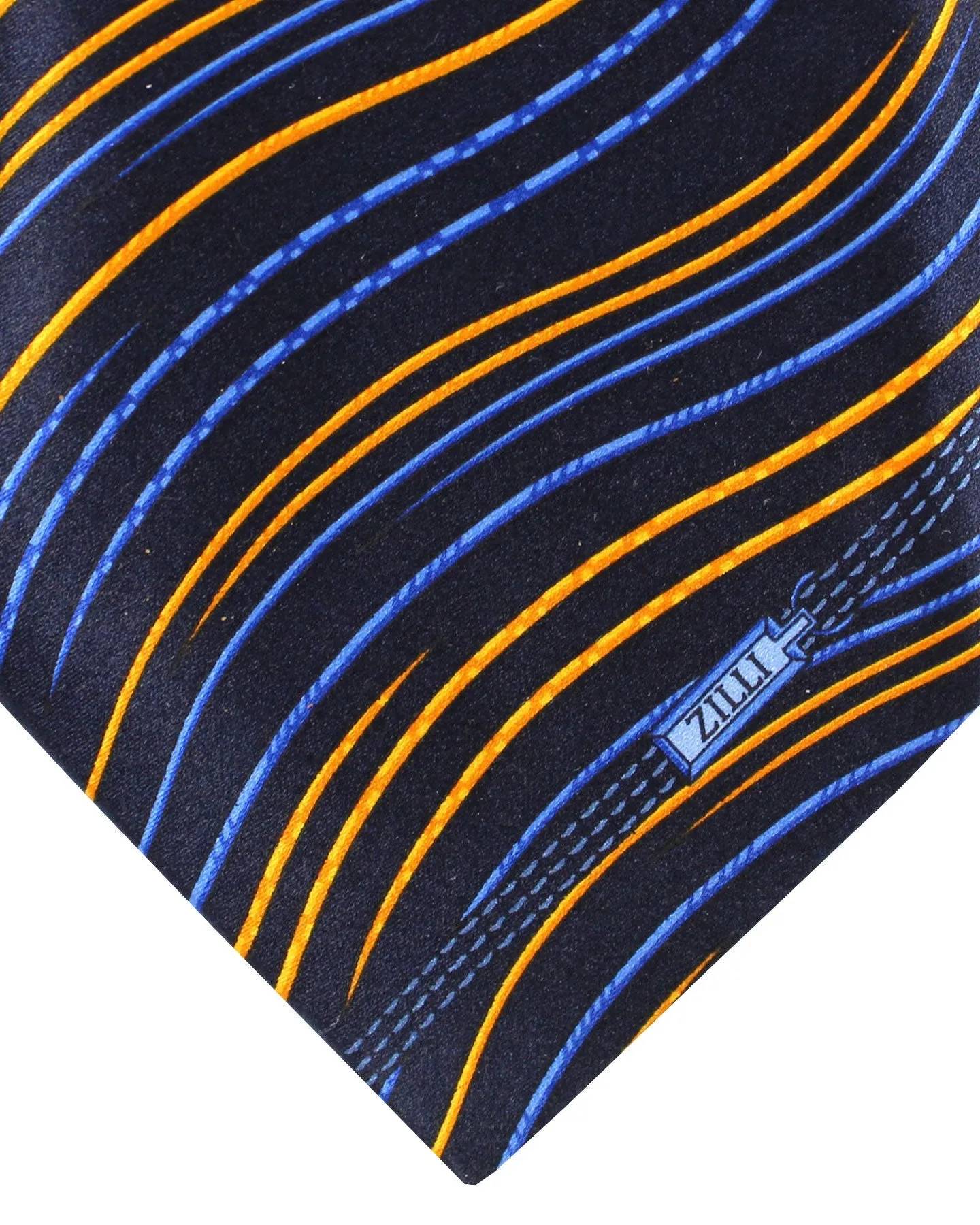 Zilli Sevenfold Tie Black Royal Blue Orange Gold Swirl Design - Wide Necktie SALE