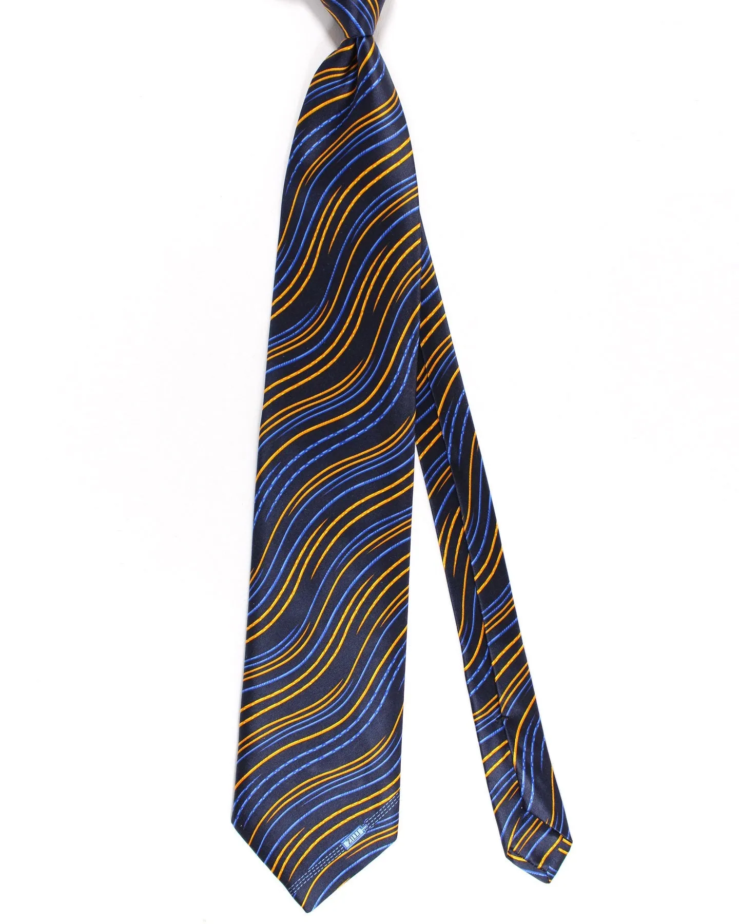 Zilli Sevenfold Tie Black Royal Blue Orange Gold Swirl Design - Wide Necktie SALE