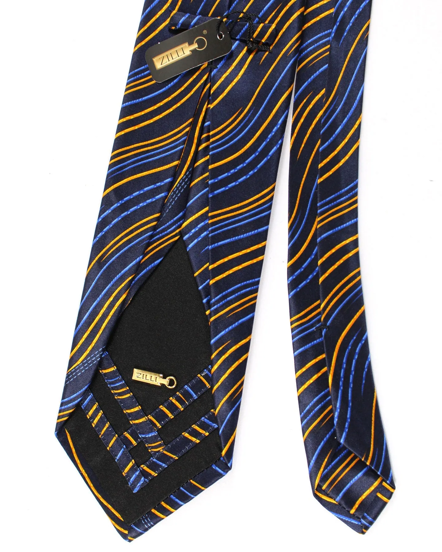 Zilli Sevenfold Tie Black Royal Blue Orange Gold Swirl Design - Wide Necktie SALE